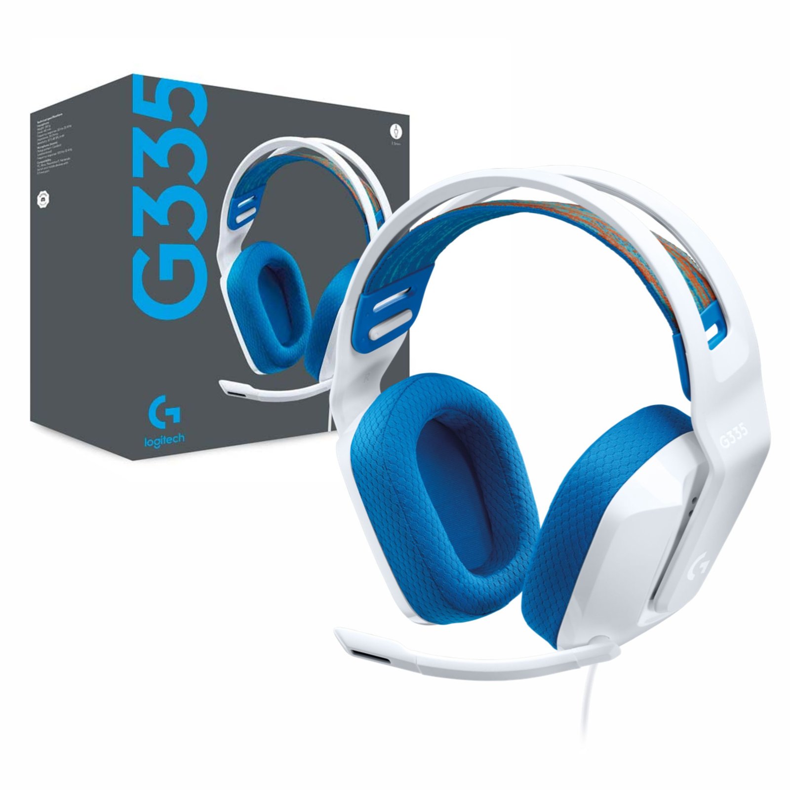 Audífonos Logitech Gamer G335 blancos Plug and Play y controles integrados.